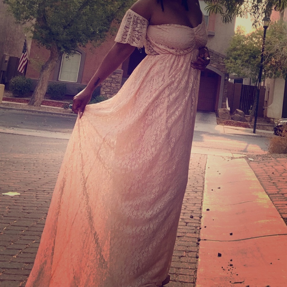 Pale pink lace dress with train